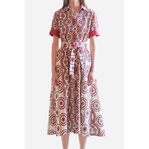 Evi Grintela Valerie Floral Embroidered Eyelet Lace Midi Shirt Dress Red Belt M